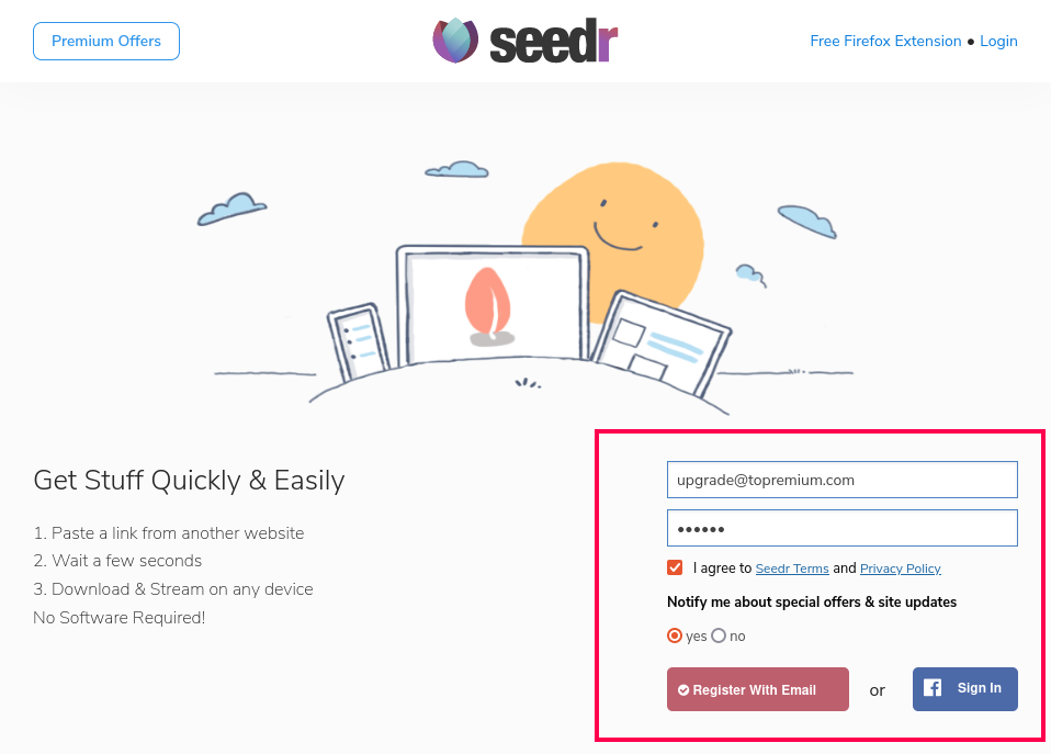 Seedr homepage with login circled