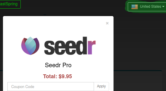 Seedr credit and debit card payment screen on fastspring, country highlighted